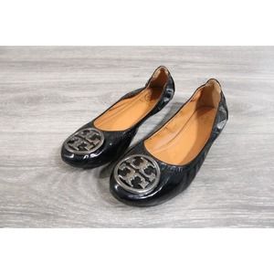 Tory Burch Minnie Black Patent Leather Ballet Travel Flats Round Toe Size 40